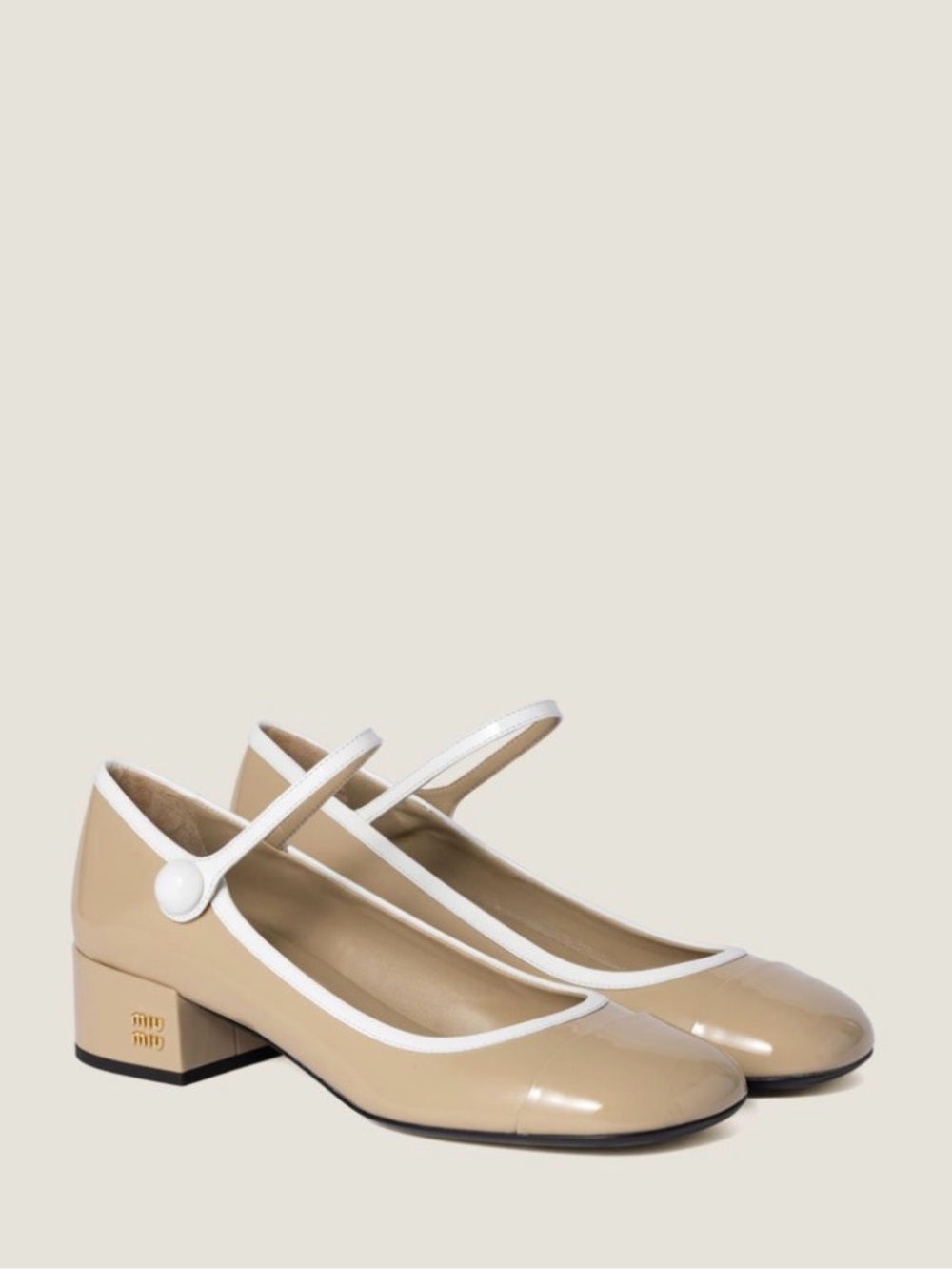 Miu Miu Nude Patent Leather Mary Jane Flats with White Trim